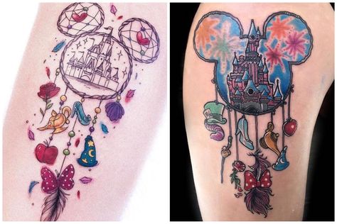 Disney Dreamcatcher Tattoo Ideas, Dream Catcher Disney Tattoo, Disney Tattoos Hand, Disney Dream Catcher Tattoo, Watercolor Disney Tattoo, Disney Dream Catcher, Disney Watercolor Tattoo, Disney Inspired Tattoos, Mickey Tattoo