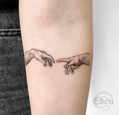 Fine Line Aesthetic Tattoo, Michael Angelo Hands Tattoo, Michael Angelo Hands, Michaelangelo Tattoos, Aesthetic Arm Tattoos, Michael Angelo Tattoo, Angelo Tattoo, Eden Tattoo, Babe Tattoo