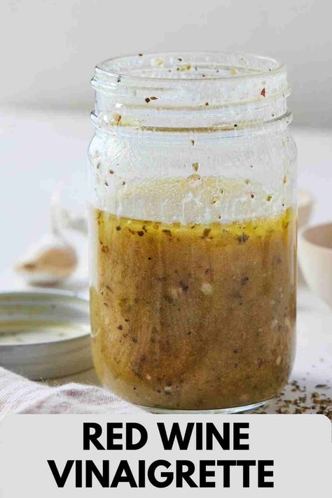 This zesty Red Wine Vinaigrette is so easy to make with only a handful of ingredients. Made in five minutes or less, this homemade dressing is flavorful and super versatile. Ditch the store-bought dressing and make this instead with kitchen staples! Red Wine Vinegar Salad Dressing Recipe, Red Wine Vinaigrette Dressing Recipe, Red Wine Vinegarette, Vinegrette Salad Dressing, Red Wine Vinegar Salad Dressing, White Wine Vinaigrette, Red Wine Recipe, Vinaigrette Dressing Recipe, Vinegar Salad Dressing