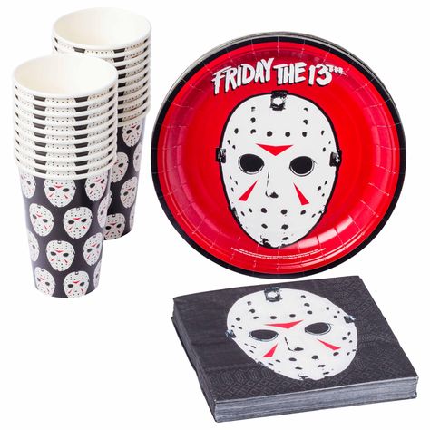 PRICES MAY VARY. FRIDAY THE 13TH: Party packs include plates designed with the famous Jason mask from Friday the 13th on a red background. Napkins and cups include a multi-patterned print of this terrifying mask. 60-COUNT: This ultimate party pack comes with everything you need for your event. It includes 20 cups, 20 napkins and 20 paper plates. SNACKING PLATES: The perfect sized party plates for all your snacking needs. Each plate features the classic blood splattered mask. Also makes for an ea Friday The 13th Party Ideas Decoration, Friday The 13th Party Ideas, Friday The 13th Party, Boo Gift, Mask Paper, Jason Mask, Horror Party, 13th Birthday Parties, Party Pack