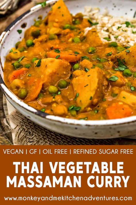 Oil-free and easy to make, this Instant Pot (or Stove Top) Thai Vegetable Massaman Curry is brimming with curry flavors and plant powered ingredients. #wholefoodplantbased #vegan #oilfree #glutenfree #plantbased | monkeyandmekitchenadventures.com Thai Vegetable Curry, Monkey And Me Kitchen Adventures, Monkey And Me, Vegan Curry Recipes, Plant Based Soups, Massaman Curry, Vegan Curry, Oil Free Vegan, Curry Dishes