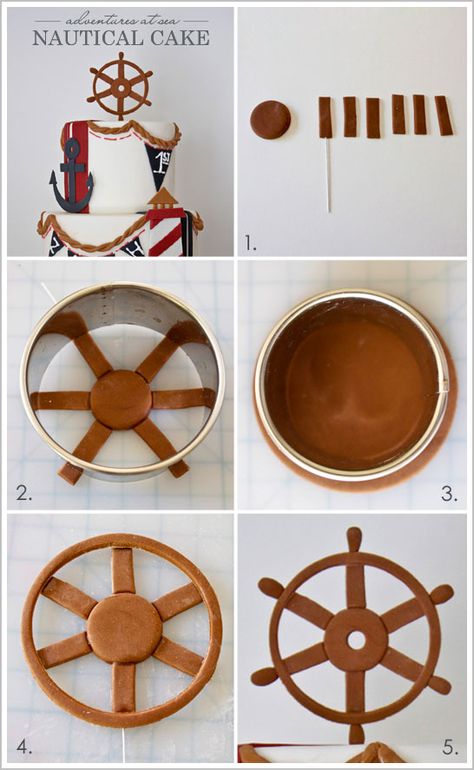 Clay Ship Wheel idea from: Nautical Beach Cake by Miso Bakes  |  TheCakeBlog.com Boat Cake, Fondant Techniques, Nautical Cake, Sea Cakes, Beach Cakes, Cake Topper Tutorial, Cake Blog, Fondant Tutorial, Fondant Decorations