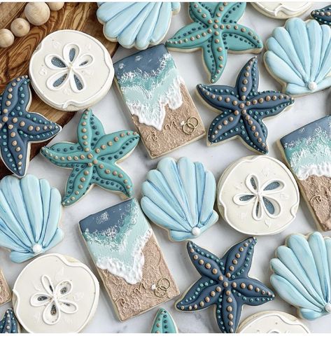 Beach Theme Royal Icing Cookies, Seashell Decorated Cookies, Beach Theme Bridal Shower Cookies, Cookies Beach Theme, Fancy Decorated Cookies, Seashell Cookies Royal Icing, Beach Wedding Cookies Royal Icing, Sand Dollar Sugar Cookies, Beach Themed Decorated Cookies