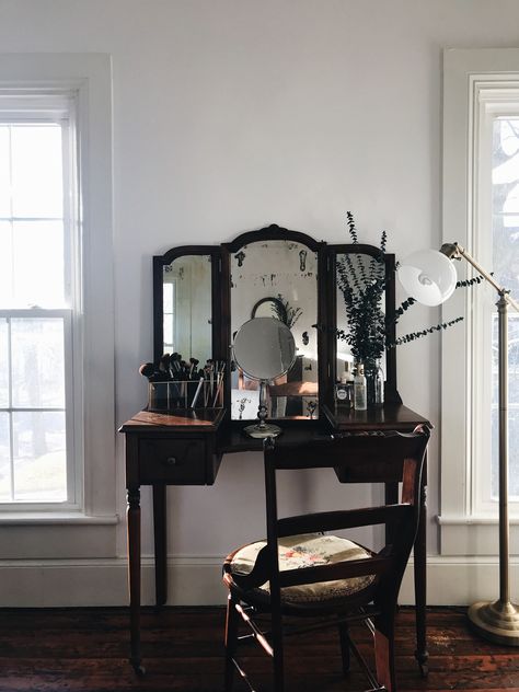 Makeup vanity table Vanity Dark Academia, Modern Industrial Vanity Table, Bedroom Vanity Vintage, Moody Bedroom Vanity, Moody Makeup Vanity, Console Table Vanity, Dark Wood Makeup Vanity, Makeup Vanity Aesthetic Bedroom, Dark Brown Vanity Bedroom