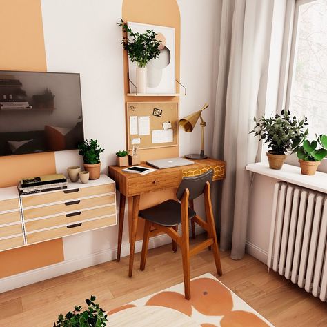 Small Apartment Office Space Desk Areas, Office Desk In Living Room Small Spaces, Work Desk In Living Room, Small Office Space In Living Room, Office Nook In Living Room, Small Office Area, Living Room With Color, Bachelorette Apartment, Colorado Apartment