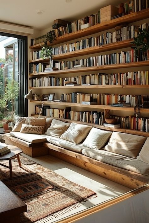 Living Room Wall Of Shelves, Living Room Designs Library, Book Wall Living Room, Living Room Bookshelf Wall, Shelf Across Window, Library At Home Room Ideas, Interior Window Wall, In House Library, Library Wall In Living Room