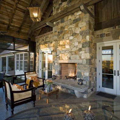 Traditional Double Sided Fireplace enjoyed from living room and patio Indoor Outdoor Fireplaces, Traditional Porch, Gorgeous Fireplaces, Outdoor Fireplace Designs, Double Sided Fireplace, Backyard Fireplace, Rustic Fireplaces, Corner Fireplace, House With Porch