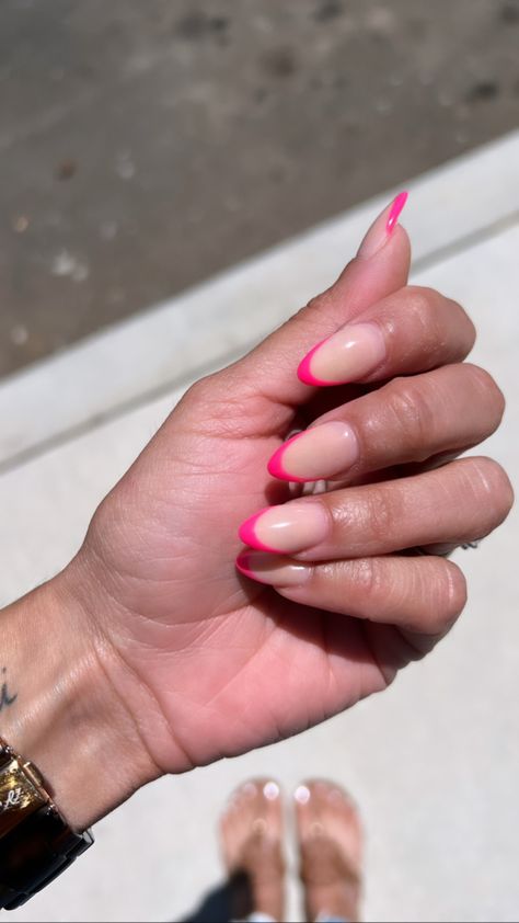 Nail inspo, summer nails, almond nails, french tip Hot Pink French Nails Almond, Almond Nails Hot Pink French Tip, Hot Pink Tip Nails Almond, Light Pink Almond French Tips, Hot Pink Nail Tips Almond, Bright Pink French Tip Nails, Nails With Hot Pink, Hot Pink French Tips, Hot Pink French Tip