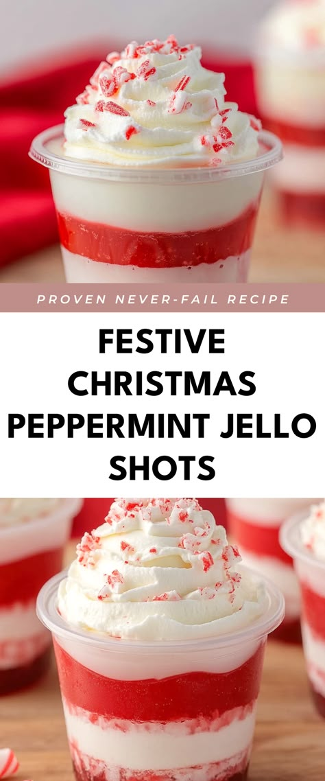 Image for Festive Christmas Peppermint Jello Shots Christmas Shots Jello, Christmas Party Jello Shots, Diy Party Drinks, Holiday Jello Shots, Hello Shots, Festive Holiday Drinks, Layered Jello, Christmas Shots, Christmas Jello Shots