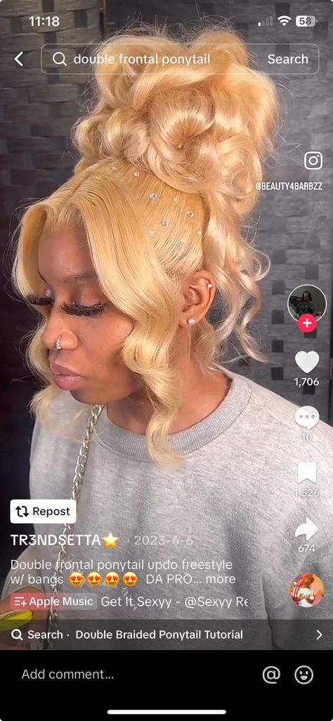 Blonde Double Frontal Ponytail, Blonde Barbie Ponytail, Blonde Updo Black Women, Barbie Ponytail Black Women, Updo Hairstyles Ponytail, Frontal Updo Hairstyles, Frontal Updo, Updo Black Women, Vacay Hairstyles