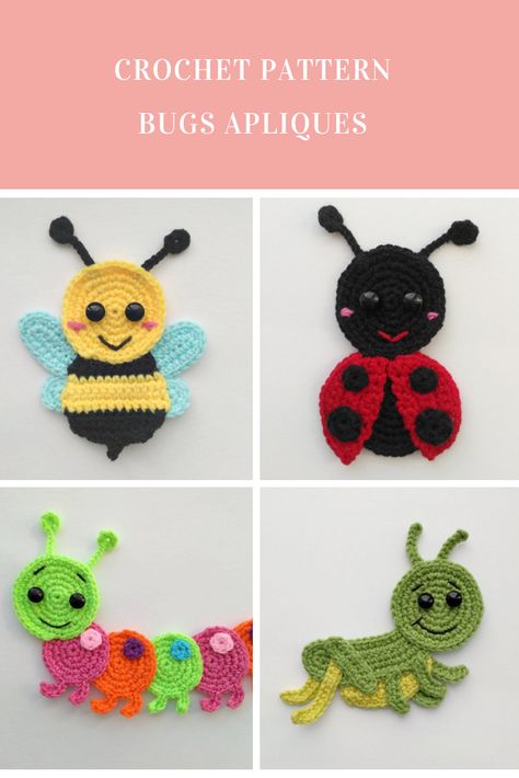 Bugs Applique Crochet Patterns #crochetarcade #crochet  #crochetappliques #crochetpattern #crochettehniques #diy #crafts Affiliate Link Crochet Bee Applique, Applique Crochet Patterns, Crochet Applique Patterns Free, Crochet Bee, Crochet Bookmarks, Haken Baby, Applique Pattern, Crochet Flower Patterns, Crochet Applique