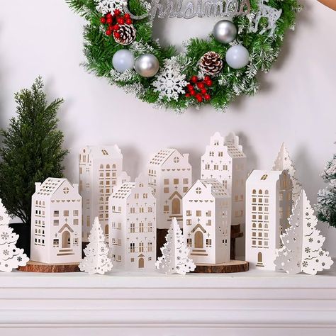 Amazon.com: Amyhill 36 Pcs Paper Christmas Village Sets 18 Pcs Christmas Village House and 18 Pcs Trees Mini Paper Christmas Home Decorations DIY Crafts Table Centerpiece for Mantel Window Shelve(White) : Home & Kitchen Paper Christmas Village, Diy Christmas Village Houses, Christmas Cardboard, Diy Christmas Village Displays, Christmas Village Decorations, Christmas Dining Table Decor, Christmas Tree Village, Christmas Village Sets, Diy Christmas Village