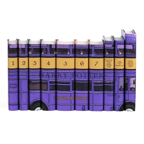 Harry Potter Bus, Jackets Only set from JuniperCustom. Purple London bus stretches across book spines. Book number and titles centered on spines. Purple knight bus book set Harry Potter Dust Jackets, Harry Potter Bus, Harry Potter Pillows, Harry Potter Gift Ideas, Harry Potter Book Set, Knight Bus, Fantastic Beasts Series, Harry Potter Texts, The Cursed Child