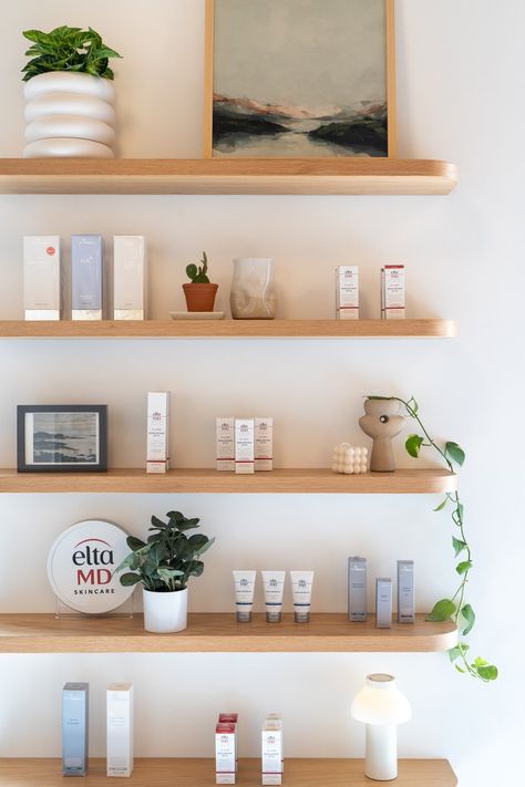 Luxus Laser & Esthetics — bound collaborative Med Spa Retail Display, Spa Products Display, Spa Retail Products, Medspa Product Display, Spa Retail Shelves, Therapist Office Decor Private Practice, Therapist Office Decor, Therapist Office, Hair Spa