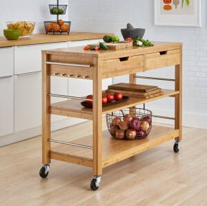 Kitchen Island On Casters, Kitchen Island With Drawers, Bamboo Kitchen, Mobile Kitchen, Rolling Kitchen Island, Bamboo Shelf, Bamboo Construction, Kitchen Trolley, Kitchen Magic