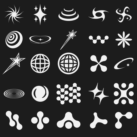 Retro Futuristic Elements, Graphic Design Elements Shape, Y2k Design Elements, Graphic Design Futuristic, 80s Symbols, Graphic Design Symbols, Futuristic Symbols, Futuristic Icons, Y2k Design Graphic