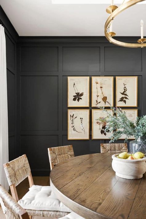 20 Chic Dark and Moody Dining Room Decor Ideas » Lady Decluttered Modern Panelling Dining Room, Crate And Barrel Dining Room Ideas, Dining Room Fireplace Wall, Studio Mcgee Foyer Lighting, Studio Mcgee Formal Dining Room, Moody Coastal Dining Room, White Wainscoting Dining Room, Studio Mcgee Accent Wall, Peppercorn Sherwin Williams Dining Room