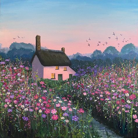 Colourful Houses Painting, Garden Scene Drawing, Cute House Painting, Cottage Core Paintings, Painting Ideas Spring, Cottage Life Aesthetic, Spring Illustration Art, Spring Art Painting, Dreaming Artwork