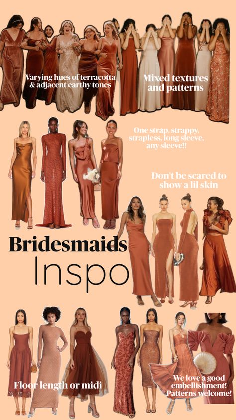 Fashion and color palette for EV + MV’s nuptials Bridesmaid Dresses Color Palette, Bridesmaid Dress Color Schemes, Wedding Themes Fall, Dearly Beloved, Bridesmaid Dress Colors, Wedding Theme Colors, Wedding Mood Board, Wedding Mood, Put A Ring On It