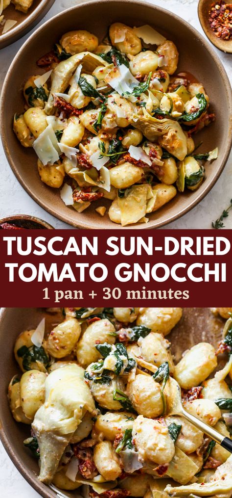 Tuscan Sun-Dried Tomato Gnocchi with spinach and artichokes in a light garlic cream sauce. This 30 minute meal shines with flavors of the Mediterranean, and will be an instant dinner hit. #gnocchi #vegetariandinners #creamypasta #healthydinnerrecipes Gnocchi Recipes Sun Dried Tomatoes, Sun Dried Tomato Gnocchi Recipes, Gnocchi Sundried Tomatoes Spinach, Gnocchi With Sundried Tomatoes, Creamy Tuscan Gnocchi, Gnocchi Artichoke Recipes, Tuscan Gnocchi Recipes, Mediterranean Gnocchi Recipes, Gnocchi Mediterranean