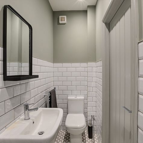 Farrow And Ball Pigeon Bathroom, Pigeon Bathroom, Shower Room Design, Farrow And Ball Pigeon, Metro Tiles Bathroom, White Metro Tiles, Black Framed Mirror, Modern Shower Room, Bedside Pendant Lights