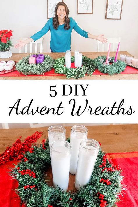 This are my ideas on how to make your own Advent Wreaths. I share 5 different idea and they are all budget friendly! #advent #adventwreath #diyadventwreath Farmhouse Advent Wreath, Advent Display Ideas, Homemade Advent Wreath Diy, Diy Advent Wreath Candle Holders, Advent Table Decor, Advent Wreaths For Church, Diy Advent Wreath Catholic, Advent Centerpiece Ideas, Modern Advent Wreath Ideas