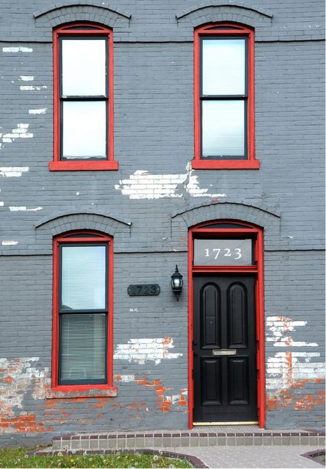 Red Windows Exterior, Red Window Frame, Red Windows, Commercial Windows, Building Windows, Red Office, Storm Windows, Door Frames, Exterior Paint Color