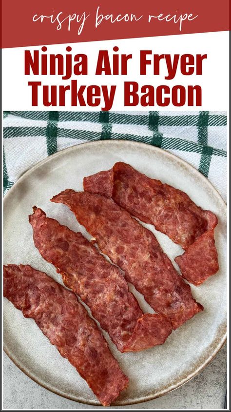 This Ninja Air Fryer Turkey Bacon makes perfectly crispy bacon, minus the mess. Preheated air circulates around uncured turkey bacon (think Applegate!), delivering restaurant-worthy results in minutes. With minimal fat and easy cleanup, it's a healthier twist on a classic breakfast favorite. Enjoy it hot and crispy – the air fryer makes guilt-free indulgence a breeze! #ninjaairfryerturkeybacon #airfryturkeybacon #airfryerturkeybacon #howtoairfryerturkeybacon #ninjaturkeybacon Turkey Bacon Air Fryer, Air Fryer Turkey Bacon, Bacon Air Fryer, Bacon Wrapped Peppers, Turkey Bacon Recipes, Bacon Wrapped Steak, Cooking Turkey Bacon, Air Fryer Turkey, Ninja Air Fryer