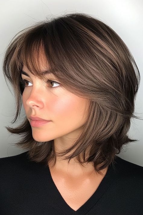 Layered Bob Haircut, Shaggy Layered Bob with Wispy Bangs This shaggy layered bob is a modern twist on a classic style, offering a perfect blend of edge and softness. The cut features choppy layers that add texture and movement, creating a carefree, tousled look. The wispy bangs are a key highlight, gently framing the face and adding a touch of softness to the overall style. The rich, dark brunette color enhances the depth and dimension of the layers, giving the hair a full, voluminous appearance. This look is ideal for those who want a low-maintenance, effortlessly chic hairstyle that works well for both casual and dressed-up occasions. The shaggy layers make this bob incredibly versatile and full of personality, perfect for anyone looking to embrace a trendy, laid-back vibe. Short Hair Shaggy Layers, Brunette Layered Bob, Bob Face Framing Layers, Shaggy Layered Bob, Bob With Wispy Bangs, Choppy Layered Bob Hairstyles, Shaggy Layered Bobs, Low Maintenance Short Haircut, Shaggy Layers