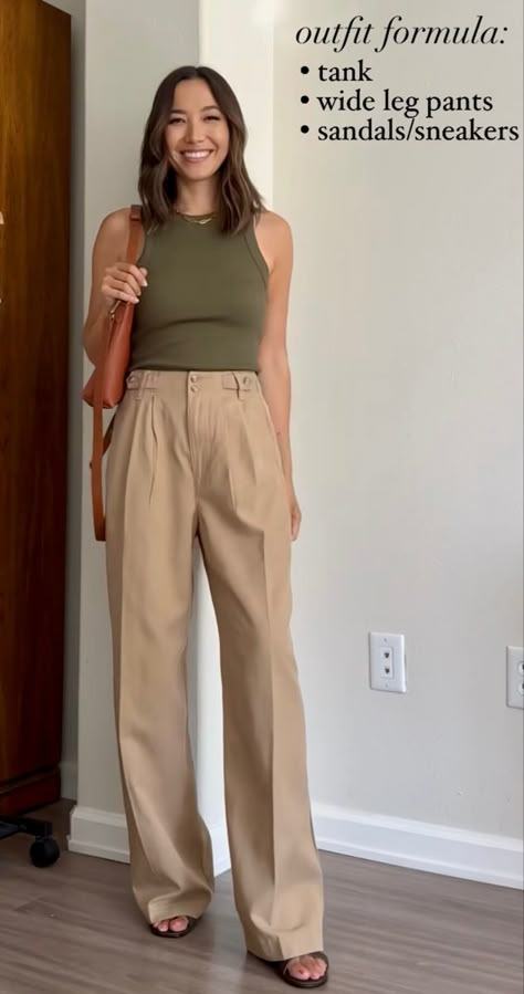 Nude Pants Outfit, Wide Pants Outfit, Jeans And Sneakers Outfit, High Waisted Jeans Outfit, Casual Oufits, Summer Office Outfits, Trouser Outfit, Classic Style Outfits, Beige Outfit