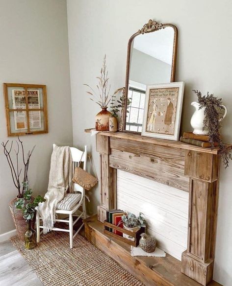 Antique Mantle Fireplace Master Bedrooms, Cottage Style Mantle Decor, Bedroom Mantel Decor, Vintage Faux Fireplace, Faux Mantle Living Room, Faux Vintage Fireplace Mantle, Faux Mantle Fireplace, Faux Fireplace In Dining Room, Mantel In Bedroom