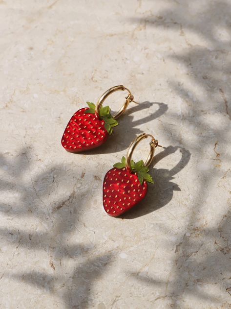 Strawberry Hoops - Gold Fruity Design, Strawberry Earrings, Strawberry Summer, Strawberry Charm, Hoop Charms, Wolf Moon, Gold Filled Hoops, Cotton Gifts, Moon Jewelry