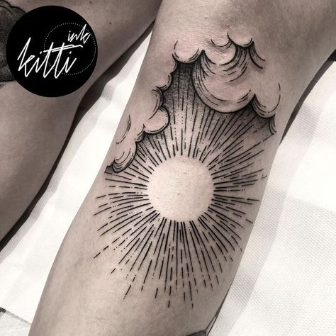 Sun Halo Tattoo, Elbow Sunburst Tattoo, Sun Tattoo On Knee Cap, Cloud Knee Tattoo, Fine Line Shoulder Tattoo Men, Round Elbow Tattoo, Woodcut Sun Tattoo, Celestial Leg Tattoo, Blackwork Sun Tattoo