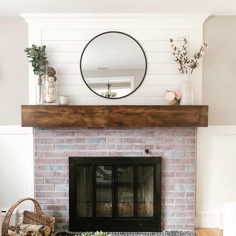 DIY faux beam fireplace and shiplap! Midcentury Fireplaces, Fireplace Updates, Beam Fireplace, Fireplace Update, Mantel Ideas, Brick Fireplace Makeover, Faux Beams, Circle Mirror, Fireplace Remodel