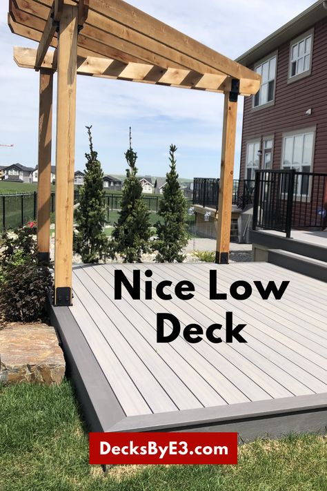 Low Composite Deck Ideas, Low Patio Deck Ground Level, Ground Level Deck With Pergola, Low Platform Deck, Platform Deck With Pergola, Composite Deck With Pergola, Low Decks Backyard Ground Level, Deck To Patio Transition Ideas, Low Deck Ideas