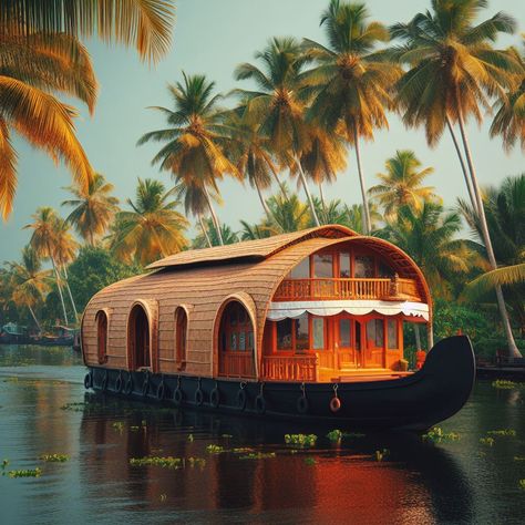 Kerala Natural Beauty, Kerala House Boat Photography, Beauty Of Kerala, House Boat Aesthetic, Kerala Boat House, Kerala Boat, Kerala Images, Restaurant Artwork, Kerala Aesthetic