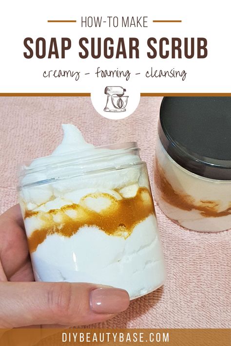 Learn how to make foaming body sugar scrub with this simple recipe. The scrub is made with a gentle whipped soap base and not oil. This makes this DIY sugar scrub cleansing and exfoliating. This easy body scrub recipe takes about 15 minutes to make and provides a completely different shower experience than most DIY sugar scrubs. It creates a creamy foaming lather that feel luxurious. I made this recipe with essential oil blend Worry Free from Plant Therapy and it quickly became my go to DIY ... Diy Whipped Sugar Scrub, Easy Body Scrub, Whipped Soap Diy, Sugar Wax Recipe, Diy Sugar Scrubs, Scrub Recipe Diy, Body Sugar Scrub, Diy Body Scrub Recipes, Diy Sugar Scrub Recipe