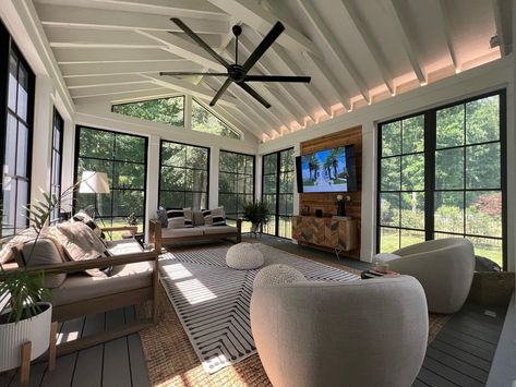 4 Season Room Addition Off Living Room, 3 Season Screened Porch Ideas, Double Sided Fireplace Sunroom, Sun Room Back Of House, 3 Season Room Furniture Ideas, Unique Screened Porch Ideas, 4 Season Room Windows, Sunroom Family Room Addition, Sunroom To Patio