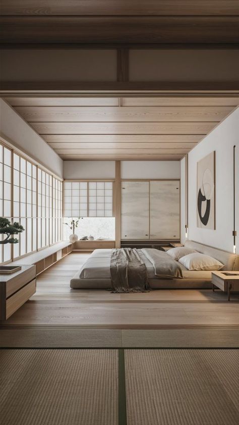 Japanese Dressing Room, Tatami Mat Living Room, Japanese Environment, Japanese Inspired Living Room, Tatami Design, Low Ceiling Attic Bedroom, Modern Japanese Bedroom, Japanese Minimalist Bedroom, Japanese Tatami Room