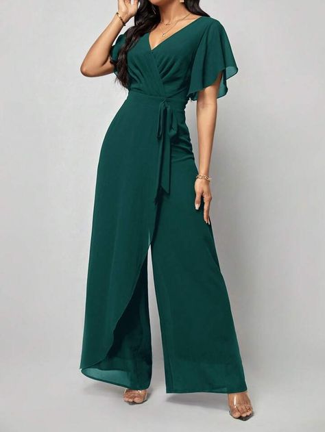 Azul Marino Casual Collar manga corta Tela Lunares Camisa Embellished Elástico Ligero Wrap Jumpsuit Outfit, Elegant Jumpsuits For Women, Palazzo Outfit, Elegant Jumpsuit, Outfit Elegantes, Fashion Show Dresses, Jumper Pants, One Piece Jumper, Wrap Jumpsuit