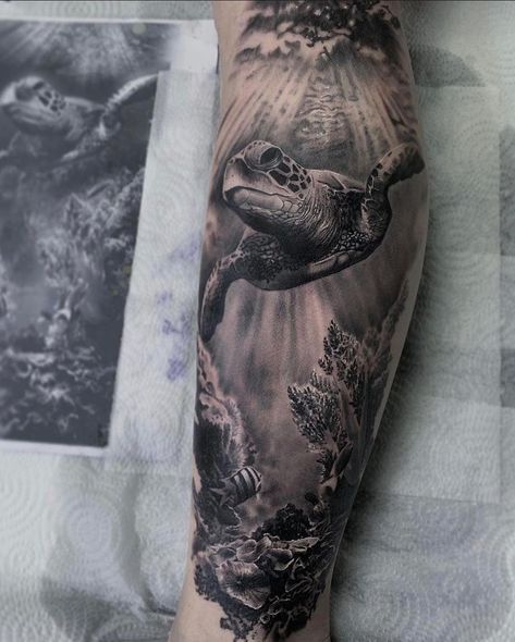 Aquatic Tattoo Sleeve, Ocean Sleeve Tattoos For Guys, Ocean Leg Tattoo, Sea Tattoo Sleeve, Scuba Tattoo, Hai Tattoo, Underwater Tattoo, Ocean Sleeve Tattoos, Nautical Tattoo Sleeve