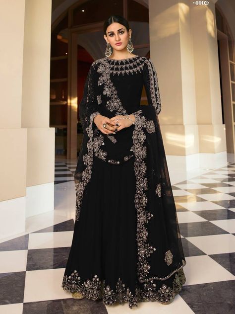 Women's Black Embroidered Silk Salwar Suit. (1 Top/1 Bottom/1 Dupatta/1 Belt) Indian Things, Black Anarkali, Silk Anarkali Suits, Floor Length Anarkali, Silk Anarkali, Modest Evening Dress, Ootd Instagram, Net Top, Silk Bottoms