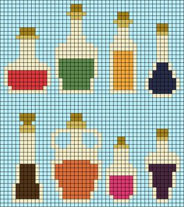 Cross Stitch Potion Bottles, Potion Bottle Perler Beads, Pixel Art Potion Bottle, Pixel Potion Bottle, Bottle Keychain, Perler Designs, Tapestry Hanging, Perler Creations, Magic Witch