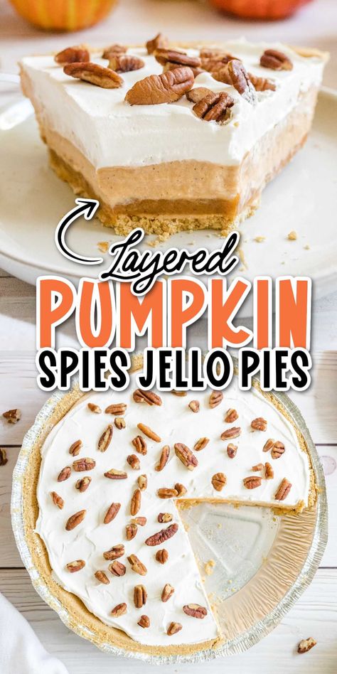 Layered pumpkin spice jello pie is a dreamy, easy-to-make dessert with layers of pumpkin and spice and whipped cream in a pre-made graham cracker crust. Pumpkin Pie Easy, Pumpkin Spice Pie, Jello Pie, Classic Pumpkin Pie, Spiced Whipped Cream, Pie Easy, Pumpkin Pecan Pie, Pumpkin Pudding, Easy To Make Desserts