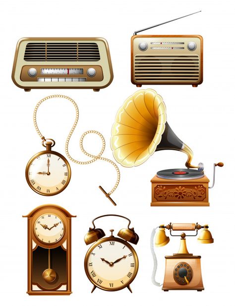 Vintage objects | Premium Vector #Freepik #vector #vintage #music #technology #phone Aesthetic Clipart, Retro Vintage Aesthetic, Botanical Interior, Book Clip Art, Christmas Tree Clipart, Clip Art Vintage, Vintage Objects, Vintage Radio, Prop Design