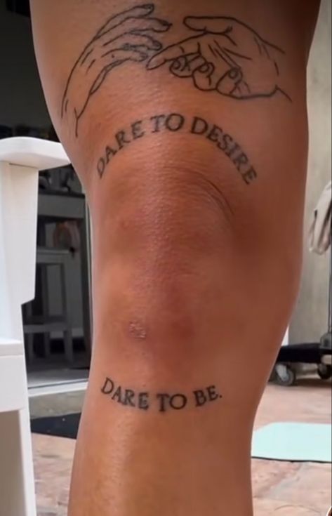 Creator Of My Own Reality Tattoo Knee, Knee Tattoo Words Quotes, No Rain No Flowers Knee Tattoo, Knee Scrape Tattoo, Parch Work Tattoo Ideas, Knee Writing Tattoo, Tattoos Under Knee, Knee Tattoo Writing, Knee Lettering Tattoo