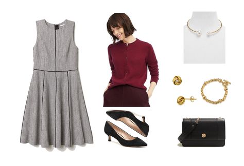 Outfit for a swearing in ceremony: Gray a-line dress, burgundy cardigan, black kitten heels, black mini bag Business Casual Looks, Ceremony Outfit, Black Mini Bag, Burgundy Cardigan, Black Kitten Heels, Fashion Inspiration Board, What Should I Wear, Black Kitten, Womens Fashion Inspiration