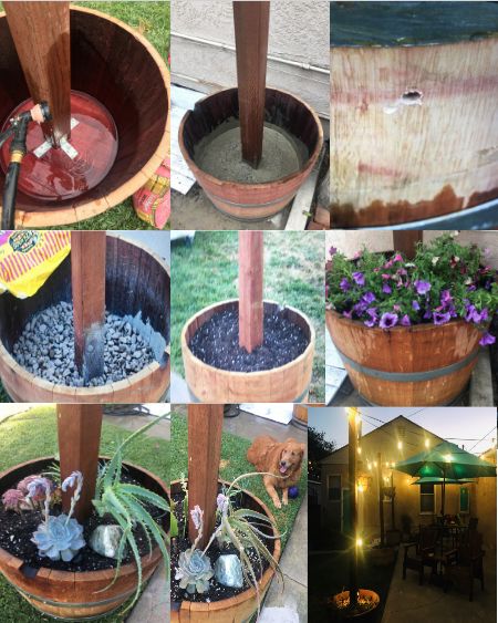 Poles For Outdoor Lights, Wine Barrel Planter, Diy Outdoor Lighting, Lights Diy, Barrel Planter, Flower Baskets, Deck Decorating Ideas, Deck Decorating Ideas On A Budget, Backyard Diy Projects