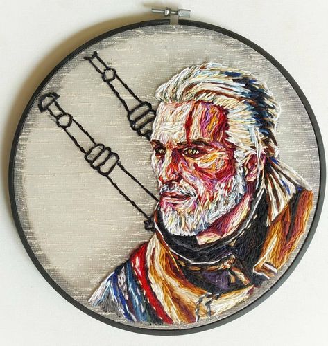 #TheWitcher 26,5 cm de diamètre, 2019 #embroidery #broderie #brodado . . #juliesarloutte #broderie #embroidery #embroideryart #brodado #needlepainting #needlework #needlepaint #threadpainting #peinturealaiguille #art #tableau #artcontemporain #9gag... The Witcher Embroidery, Witcher Embroidery, Julie Sarloutte, Thread Painting, Embroidery Ideas, Craft Time, The Witcher, Embroidery Projects, Embroidery Art