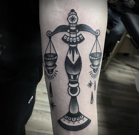 Traditional Scale Tattoo Design, Neo Traditional Libra Tattoo, Libra Scales Traditional Tattoo, Libra Tattoo American Traditional, Libra Scale Tattoo Traditional, Old School Libra Tattoo, Scales Of Justice Tattoo Traditional, American Traditional Scale Tattoo, Traditional Scales Tattoo